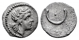 Hispanic-Carthaginian Coinage. 1/12 shekel. 200-190 BC. Cartagena (Murcia). (Abh-563). Anv.: Male head right. Rev.: Crescent with pellet. Ag. 0,37 g. ...