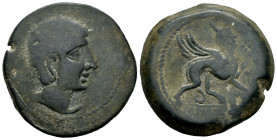 Kastilo-Castulo. Unit. 180 BC. Cazlona (Jaén). (Abh-697). (Acip-2113). Anv.: Diademed male head right. Rev.: Sphinx right with star and iberian letter...