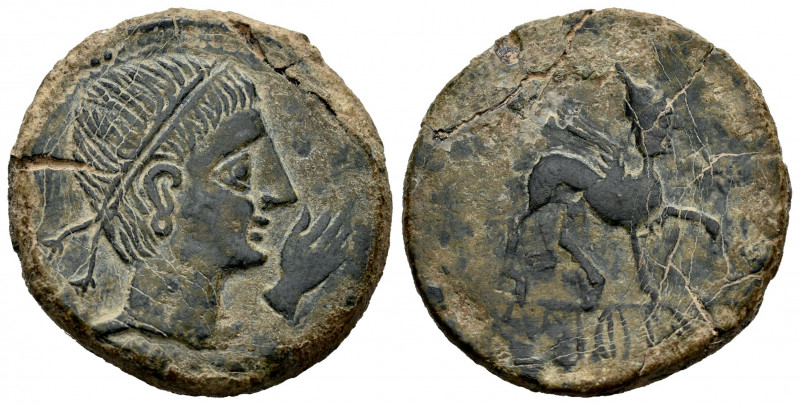 Kastilo-Castulo. Unit. 180 BC. Cazlona (Jaén). (Abh-700). Anv.: Diademed male he...