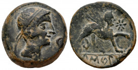 Kastilo-Castulo. Unit. 180 BC. Cazlona (Jaén). (Abh-702). Anv.: Diademed male head right, crescent before. Rev.: Sphinx right, star before, KASTILO be...