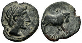 Kastilo-Castulo. Half unit. 180 BC. Cazlona (Jaén). (Abh-711). (Acip-2109). Anv.: Diademed male head right. Rev.: Bull right, crescent above, retrogra...
