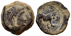 Kastilo-Castulo. Half unit. 180 BC. Cazlona (Jaén). (Abh-712). Anv.: Diademed male head right. Rev.: Bull right, crescent above, legend KASTILO below....