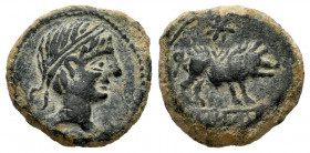 Kastilo-Castulo. Cuadrante. 180 BC. Cazlona (Jaén). (Abh-735). Anv.: Diademed male head right, spearhead before. Rev.: Boar right, star above, iberian...