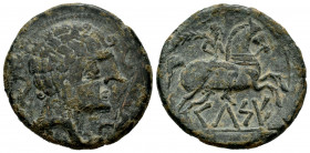 Kelse-Celsa. Unit. 120-50 BC. Velilla de Ebro (Zaragoza). (Abh-771). (Acip-1482). (C-11). Anv.: Male head right with cloak and fibula, three dolphins ...