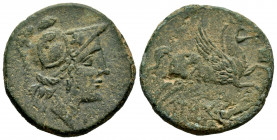 Untikesken. Unit. 130-90 BC. L’Escala, Ampurias (Girona). (Abh-1202). Anv.: Head of Pallas right. Rev.: Pegasus, with Chrysaor head right, ship bow be...
