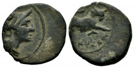 Untikesken. Half unit. 130 - 90 a.C. L’Escala, Ampurias (Girona). (Abh-No cita). (Acip-No cita). Anv.: Head of Palas on the right, without mark in fro...
