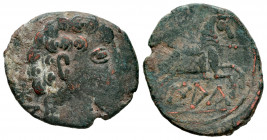 Iaka. Unit. 120-20 BC. Jaca (Huesca). (Abh-1395). Anv.: Bearded head right, dolphin before, iberian letters BON behind. Rev.: Horseman right, holding ...