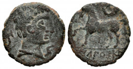 Ikalkusken. Half unit. 120-20 BC. Iniesta (Cuenca). (Abh-1401). Anv.: Male head right. Rev.: Horse left, crescent and star above, legend IKALKUSKEN be...