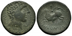 Ikalkusken. Unit. 120-20 BC. Iniesta (Cuenca). (Abh-1415). (Acip-2098). Anv.: Male head right, letters CNF behind, Q before. Rev.: Horseman left, hold...