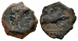 Ikalkusken. Quadrans. 120-20 BC. Iniesta (Cuenca). (Abh-1420). Anv.: Male head right, dolphin behind. Rev.: Boar right, four pellets above, iberian le...
