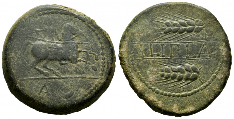Ilipla. Unit. 50 BC. Niebla (Huelva). (Abh-1556). Anv.: Horseman right, holding ...