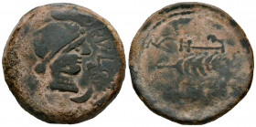 Obulco. As sextental. 220-20 BC. Porcuna (Jaén). (Abh-1778). (Acip-2184). Anv.: Female head right within crown, crescent and legend OBVLCO before. Rev...