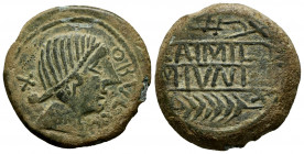 Obulco. Unit. 220-20 BC. Porcuna (Jaén). (Abh-1814). Anv.: Female head right, legend OBVLCO before, iberian letter TA behind. Rev.: Plow right above, ...