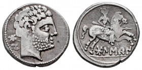 Bolskan. Denarius. 180-20 BC. Huesca. (Abh-1911). (Acip-1417). Anv.: Bearded head right, iberian letters BON behind. Rev.: Horseman right, holding spe...