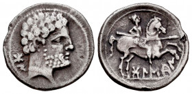 Bolskan. Denarius. 180-20 BC. Huesca. (Abh-1911). (Acip-1417). Anv.: Bearded head right, iberian letters BON behind. Rev.: Horseman right, holding spe...