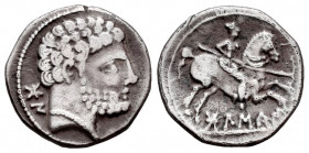 Bolskan. Denarius. 180-20 BC. Huesca. (Abh-1911). (Acip-1417). Anv.: Bearded head right, iberian letters BON behind. Rev.: Horseman right, holding spe...