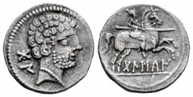 Bolskan. Denarius. 180-20 BC. Huesca. (Abh-1911). (Acip-1417). Anv.: Bearded head right, iberian letters BON behind. Rev.: Horseman right, holding spe...