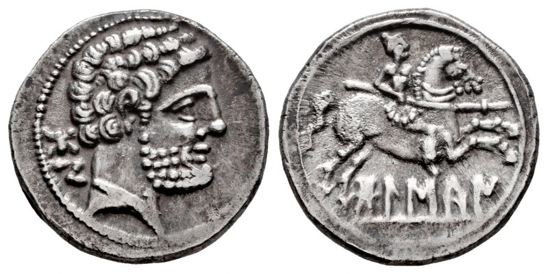 Bolskan. Denarius. 180-20 BC. Huesca. (Abh-1911). (Acip-1417). Anv.: Bearded hea...