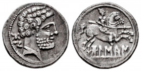 Bolskan. Denarius. 180-20 BC. Huesca. (Abh-1911). (Acip-1417). Anv.: Bearded head right, iberian letters BON behind. Rev.: Horseman right, holding spe...
