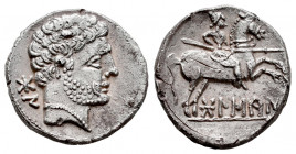 Bolskan. Denarius. 180-20 BC. Huesca. (Abh-1911). (Acip-1417). Anv.: Bearded head right, iberian letters BON behind. Rev.: Horseman right, holding spe...