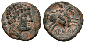 Bolskan. Fourée Denarius. 180-20 BC. Huesca. (Abh-1911). (Acip-1417). Anv.: Bearded head right, iberian letters BON behind. Rev.: Horseman right, hold...