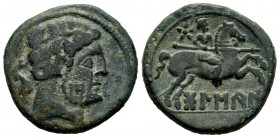 Bolskan. Unit. 180-20 BC. Huesca. (Abh-1918). (Acip-1415). (C-4). Anv.: Bearded head right, dolphin behind. Rev.: Horseman right, holding spear, star ...