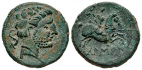 Bolskan. Unit. 180-20 BC. Huesca. (Abh-1918). (Acip-1419). Anv.: Bearded head right, Palenzuela type?, dolphin behind. Rev.: Horseman right, holding s...