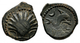 Arse-Saguntum. Sextans?. 170-20 BC. Sagunto (Valencia). (Abh-2064). (Acip-1979). (C-35). Anv.: Seashell. Rev.: Dolphin right, crescent above and iberi...