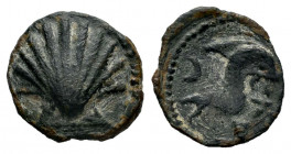Arse-Saguntum. Sextans. 170-20 BC. Sagunto (Valencia). (Abh-2064). (Acip-1979). Anv.: Seashell. Rev.: Dolphin right, crescent above and iberian letter...