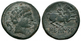 Sekaisa. Unit. 120-20 BC. Area of Aragon. (Abh-2131). Anv.: Male head right between two dolphins. Rev.: Horseman right, holding spear, iberian legend ...
