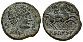 Sekaisa. Unit. 120-20 BC. Area of Aragon. (Abh-2133). (Acip-1560). (C-40). Anv.: Male head right between two dolphins. Rev.: Horseman right, holding s...