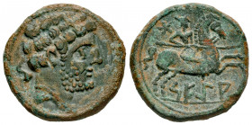 Sekia. Unit. 120-20 BC. (Abh-2159). (Acip-1449). Anv.: Bearded head right, dolphin behind. Rev.: Horseman right, holding spear, star above, iberian le...