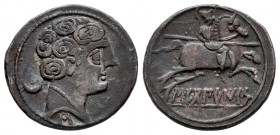 Sekobirikes. Denarius. 120-30 BC. Saelices (Cuenca). (Abh-2168). Anv.: Male head right, crescent behind and iberian letter S below. Rev.: Horseman rig...
