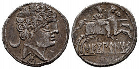 Sekobirikes. Denarius. 120-30 BC. Saelices (Cuenca). (Abh-2168). Anv.: Male head right, crescent behind and iberian letter S below. Rev.: Horseman rig...