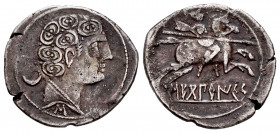 Sekobirikes. Denarius. 120-30 BC. Saelices (Cuenca). (Abh-2169). (Acip-1869). (C-5). Anv.: Male head right, crescent and pellet behind, iberian letter...