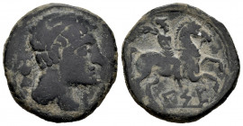 Kese. Unit. 220-200 BC. Tarragona. (Abh-2275). (Acip-1160). (C-51). Anv.: Male head right, amphora behind. Rev.: Horseman right, holding palm, iberian...