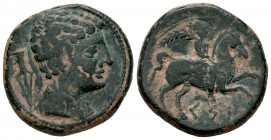 Kese. Unit. 220-200 BC. Tarragona. (Abh-2284). (Acip-1216). Anv.: Male head right, spearhead behind. Rev.: Horseman right, holding palm, iberian legen...
