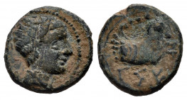 Kese. Quadrans. 220-200 BC. Tarragona. (Abh-2327). (Acip-2327). (C-14). Anv.: Male head right, three pellets behind. Rev.: Forepart of Pegasus right, ...