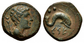Kese. Sextans. 220-200 BC. Tarragona. (Abh-2346). Anv.: Male head right, caduceus behind. Rev.: Dolphin right, two pellets above, iberian legend KESE ...