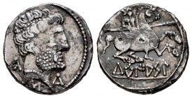 Turiasu. Fourée Denarius. 120-20 BC. Tarazona (Zaragoza). (Abh-2417). Anv.: Bearded head right, iberian letter KA, S and TU. Rev.: Horseman right, hol...