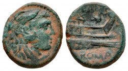 Cuadrante. 113-112 BC. Rome. (Craw-293 var). (Sydenham-552 var). Anv.: Head of Hercules right, wearing lion-skin headdress. Rev.: Prow to the right; u...