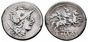 Anonymous. Denarius. 206-200 BC. South of Italy. (Ffc-5). (Craw-53/2). Anv.: Head of Roma right, X behind. Rev.: The Dioscuri riding right, dots above...