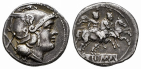 Anonymous. Denarius. 200-190 BC. South of Italy. (Ffc-7). (Craw-44/5). (Rsc-1). Anv.: Head of Roma right, X behind. Rev.: The Dioscuri riding right, s...