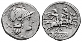 Anonymous. Denarius. 200-190 BC. South of Italy. (Ffc-7). (Craw-44/5). (Cal-1). Anv.: Head of Roma right, X behind. Rev.: The Dioscuri riding right, s...
