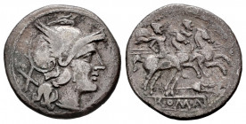 Anonymous. Denarius. 211-208 BC. Rome. (Ffc-11). (Craw-52/1). (Cal-8). Anv.: Head of Roma right, X behind. Rev.: The Dioscuri riding right, stars abov...