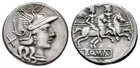 Anonymous. Denarius. 208-206 BC. Rome. (Ffc-29). (Craw-57/2). (Cal-22). Anv.: Head of Roma right, X behind. Rev.: The Dioscuri riding right, stars and...