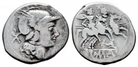 Anonymous. Denarius. 209-208 BC. (Ffc-31). (Craw-80/1a). (Cal-20). Anv.: Head of Roma right, X behind. Rev.: The Dioscuri riding right, stars above, d...
