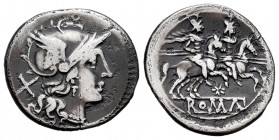 Anonymous. Denarius. 200-190 BC. Rome. (Ffc-39). (Craw-113/1). (Cal-39). Anv.: Head of Roma right, X behind. Rev.: The Dioscuri riding right, stars ab...