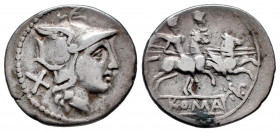 Anonymous. Denarius. 190-170 BC. Rome. (Ffc-40). (Craw-182/1). (Cal-33). Anv.: Head of Roma right, X behind. Rev.: The Dioscuri riding right, stars ab...