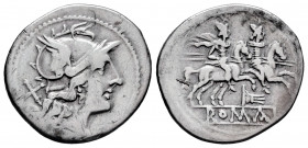 Anonymous. Denarius. 200-190 BC. Rome. (Ffc-51). (Craw-114/1). (Cal-5). Anv.: Head of Roma right, X behind. Rev.: The Dioscuri riding right, stars abo...